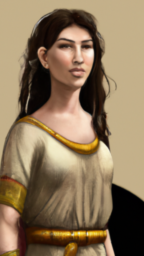 Painting of a woman in ancient-style clothing with a gold-trimmed dress.