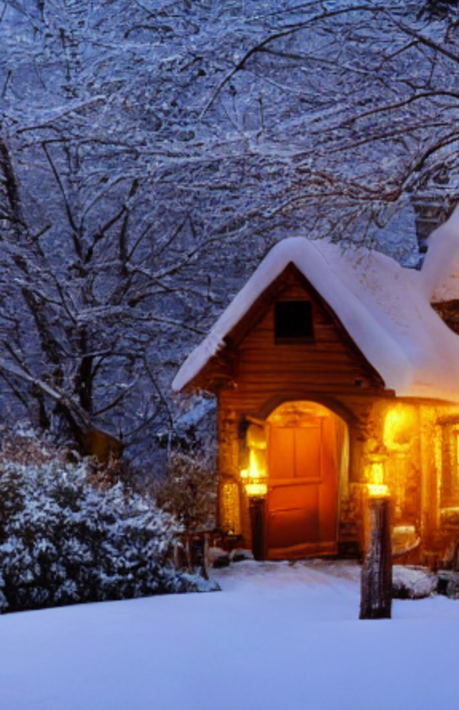 Snow-covered cabin with glowing lanterns surrounded by snowy trees at dusk.