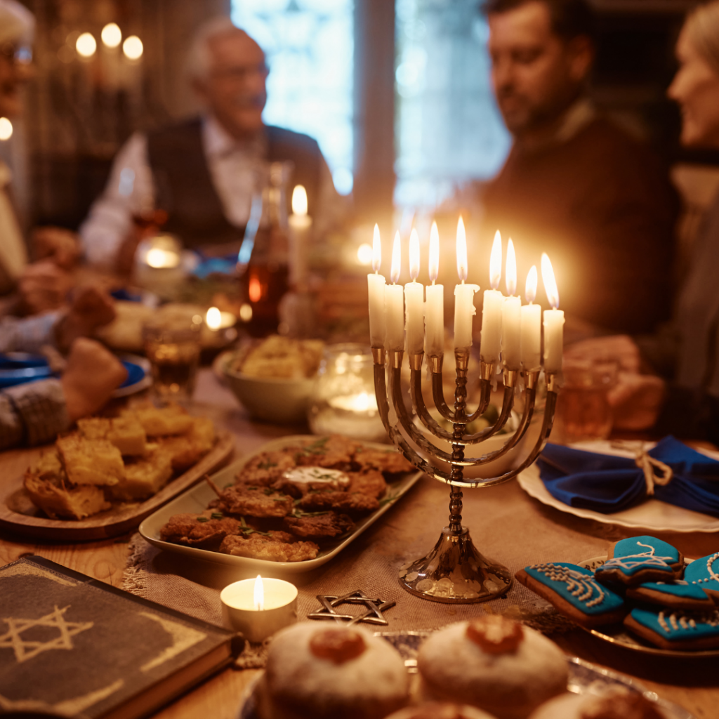 A family gathers around a table with a menorah, traditional food, and lit candles for a festive celebration.