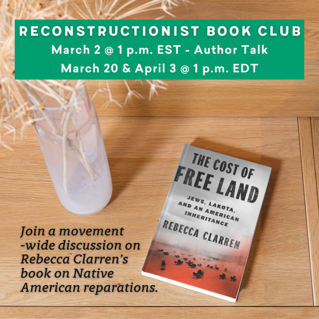 Book club flyer for The Cost of Free Land by Rebecca Clarren on a wooden table with author talk dates.
