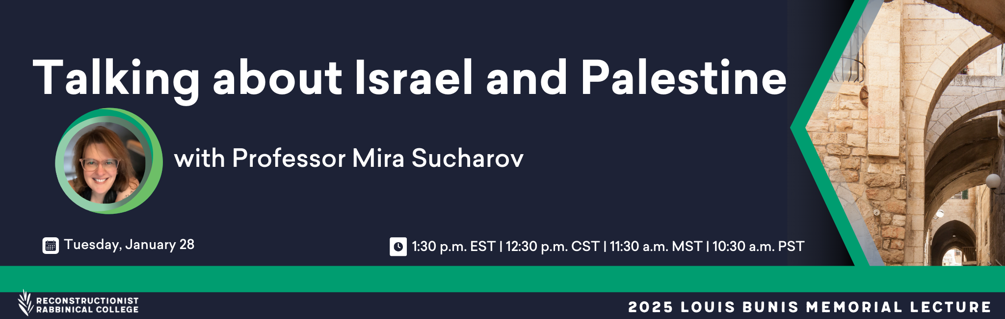 Lecture event banner titled Talking about Israel and Palestine with Professor Mira Sucharov, January 28.
