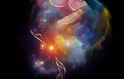 Colorful cosmic nebula with swirling clouds and glowing stars against a dark background.