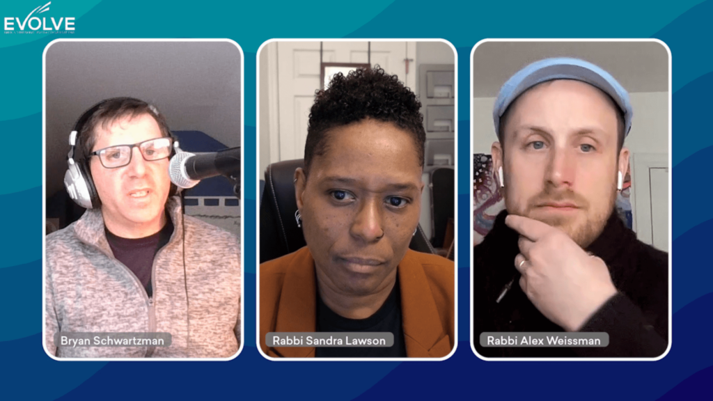 Rabbis Sandra Lawson and Alex Weissman with Bryan Schwartzman on a video call.