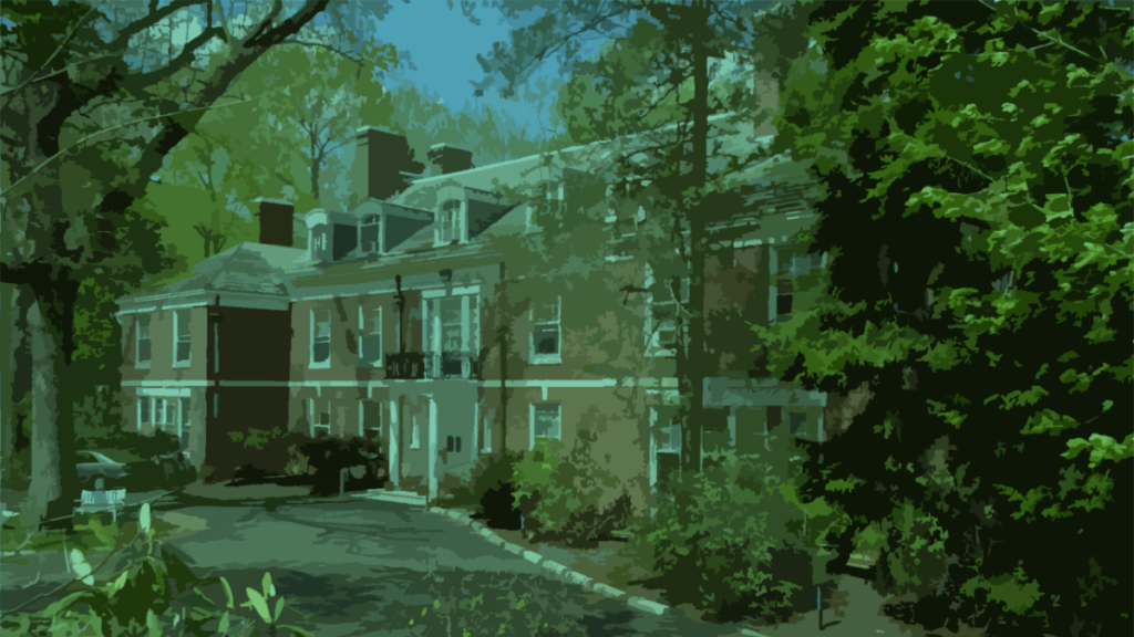 Vector illustration of a large, classic brick building surrounded by lush green trees under a clear blue sky.