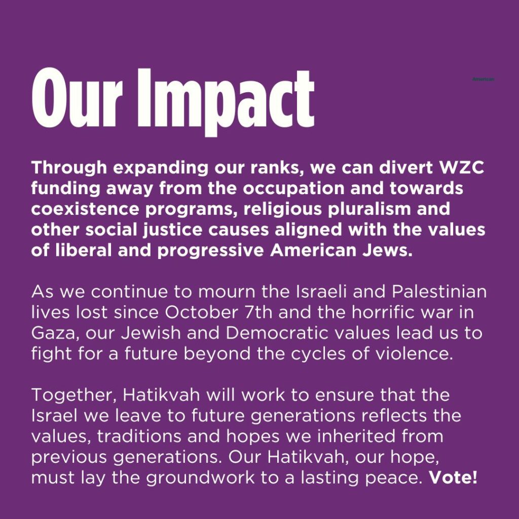 Text graphic titled Our Impact about peace, Jewish and Democratic values, and voting for future generations.