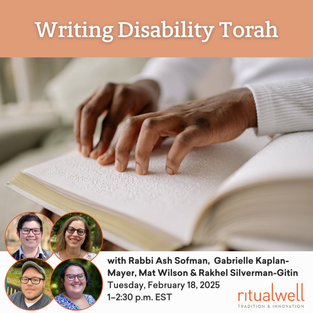 Hands reading Braille on a page, with headshots of four people below. Event details and Ritualwell logo included.