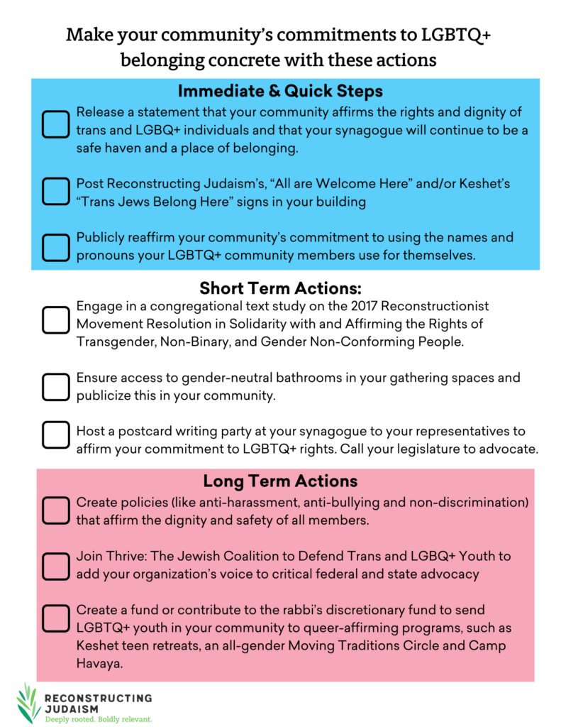 A list of actions for LGBTQ+ inclusion in the community, divided into immediate, short-term, and long-term actions.