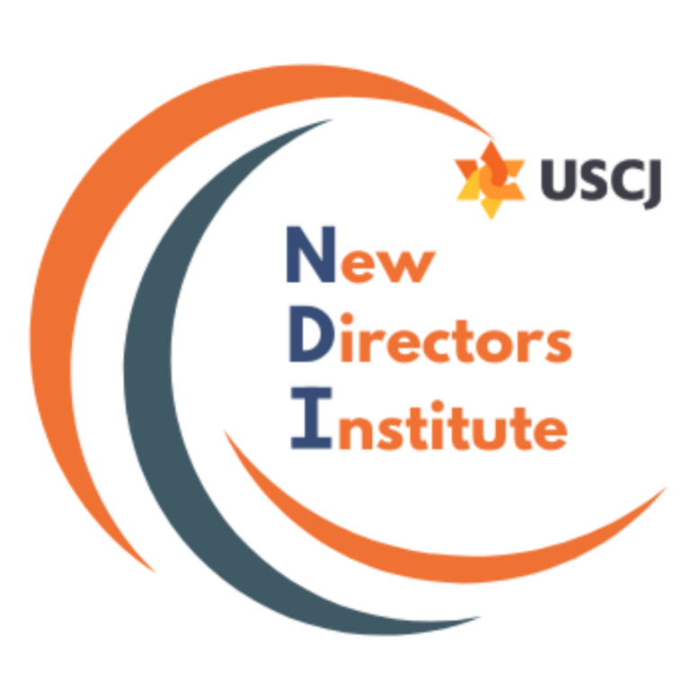 Logo of NDI New Directors Institute with orange and dark gray curves and the USCJ symbol.