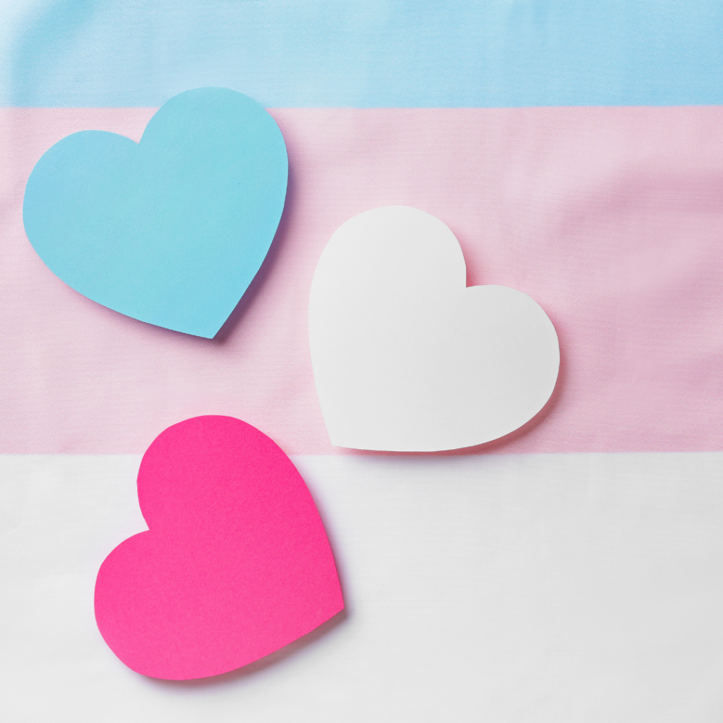 Three heart shapes in blue, white, and pink on a transgender pride flag background.