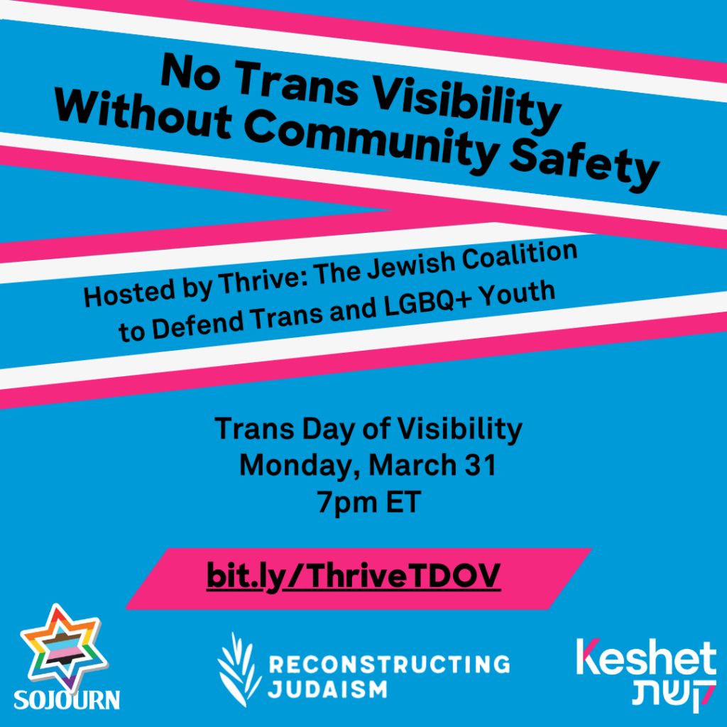 Blue event poster: No Trans Visibility Without Community Safety, Trans Day of Visibility, March 31, 7pm ET.