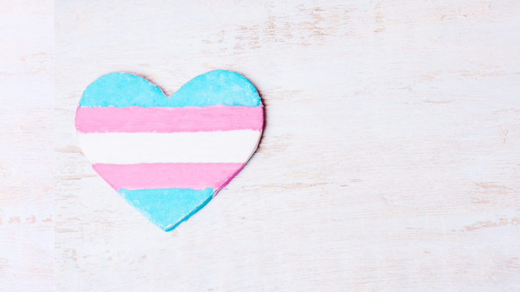 Heart-shaped cookie with transgender flag colors on a light wooden background.