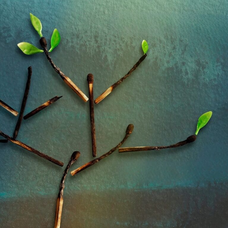 Burnt matchsticks arranged like branches with green leaves, resembling a tree on a textured surface.