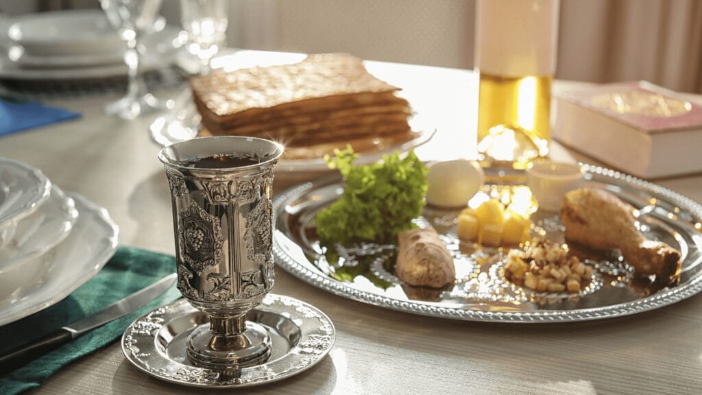 Silver cup and Seder plate with symbolic foods and matzah on a table for Passover. White and gold decor.