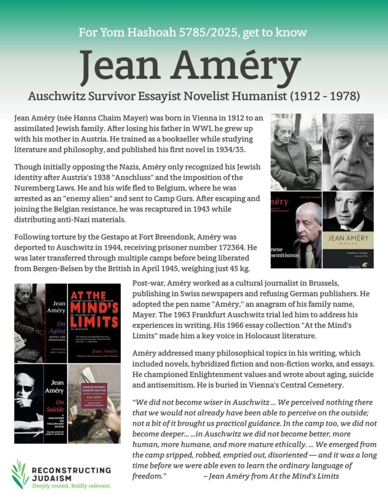 Informational poster about Jean Améry with books, a portrait, and a quote; green, black, and white design.