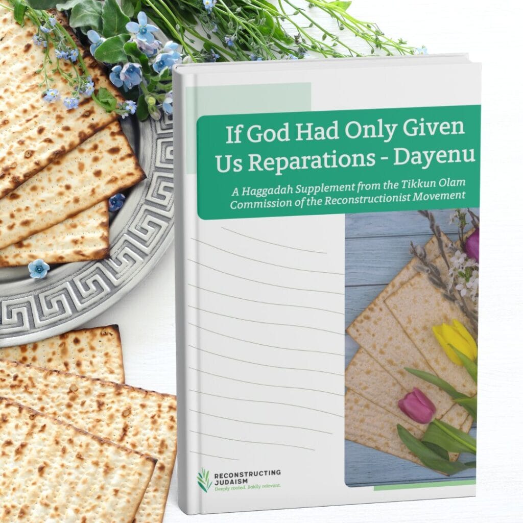 A Passover book titled If God Had Only Given Us Reparations - Dayenu next to a plate of matzah and flowers.