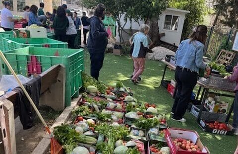People sorting and gathering fresh vegetables in crates at an outdoor community market or food distribution event.
