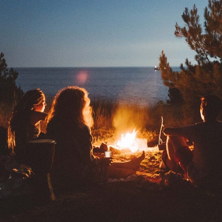 Three people sit around a campfire near the sea at dusk, with trees and a distant boat on the water.