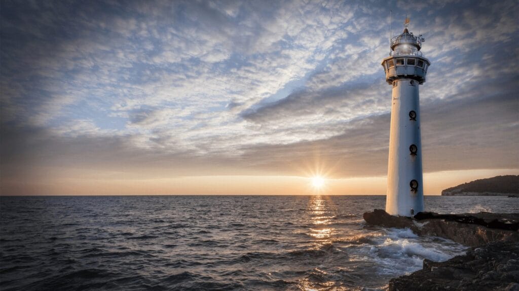 A white lighthouse stands on rocky shore as the sun sets over a calm sea, with clouds in the sky.