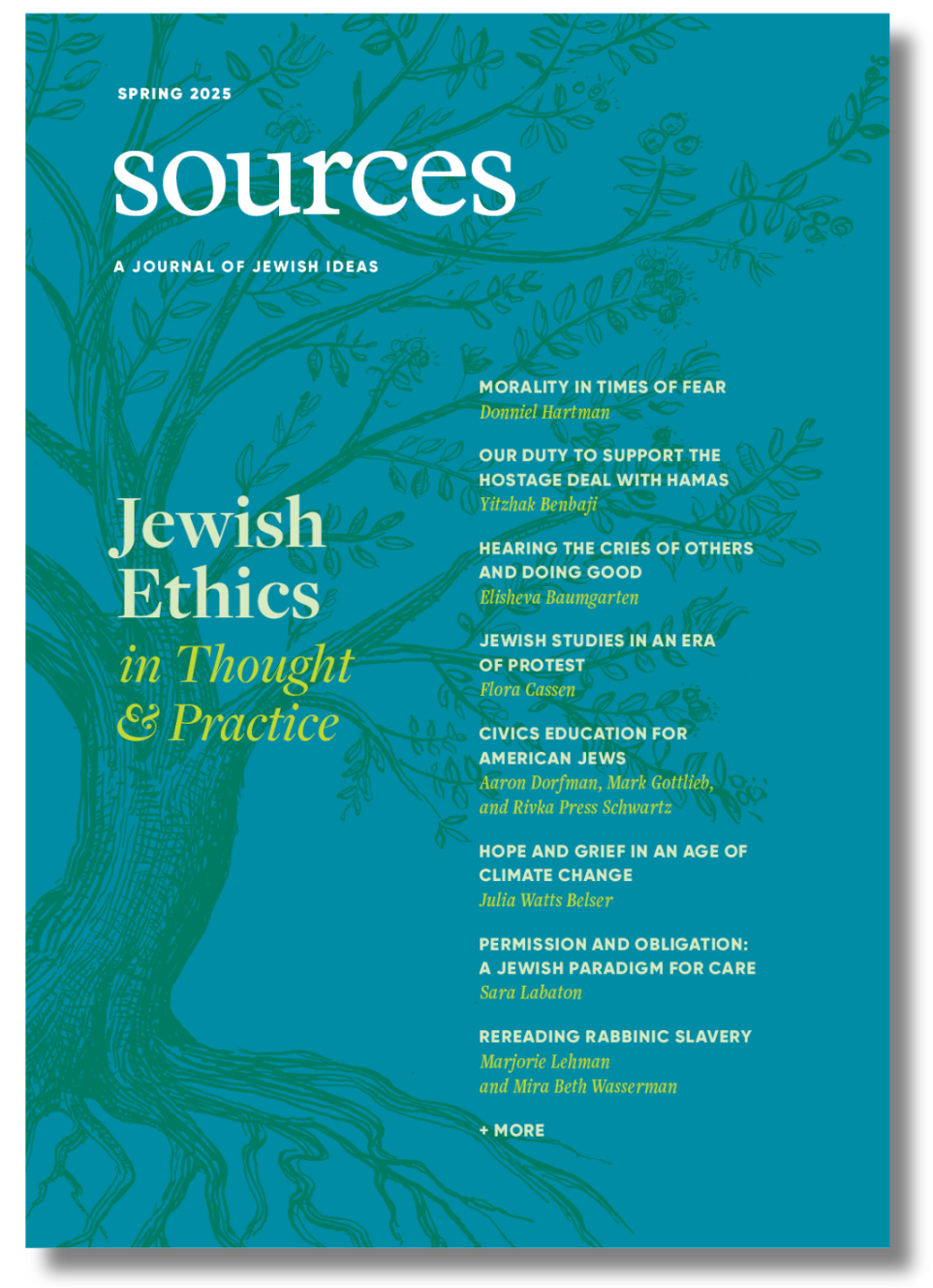 Cover of Sources journal, Spring 2025, with a tree outline and list of articles on Jewish ethics.