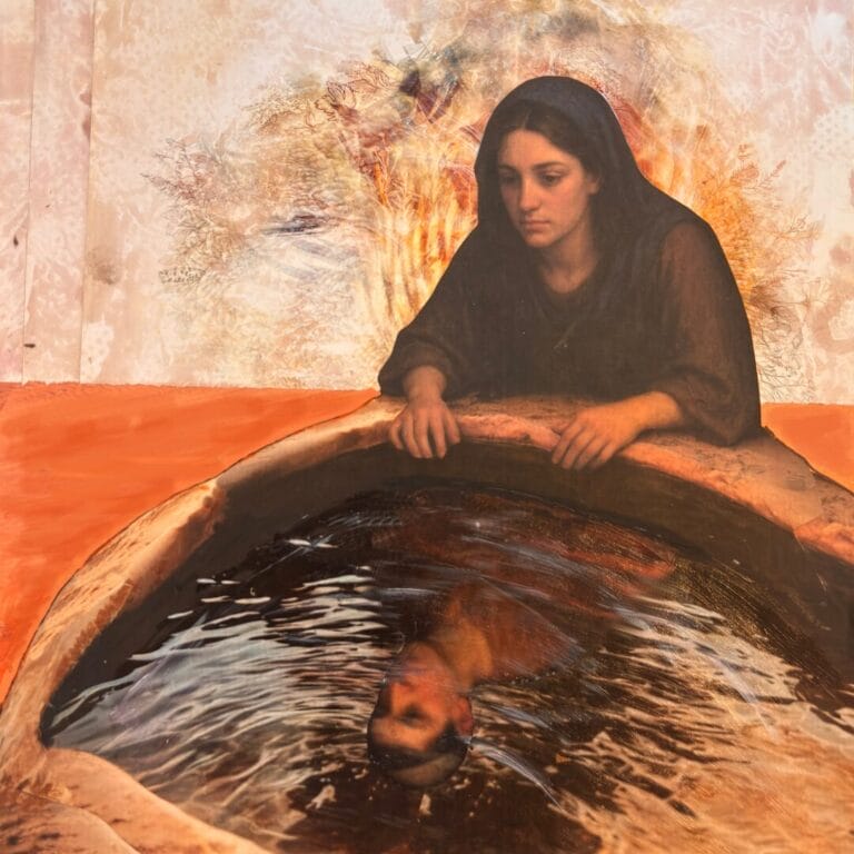 A woman in dark clothing looks into a water basin, seeing her reflection against a warm, textured background.