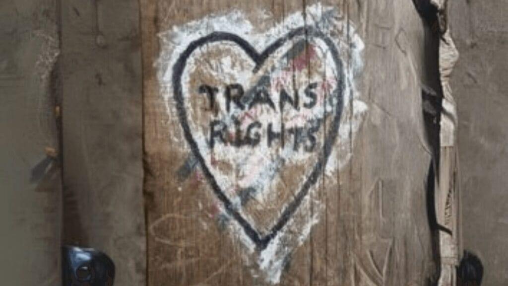 A heart with TRANS RIGHTS written inside is painted on a wooden surface.