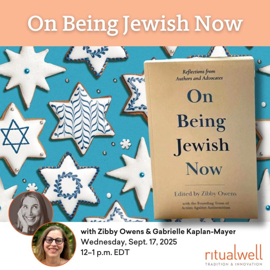 Book On Being Jewish Now with Star of David cookies, event info, and photos of two speakers at bottom.
