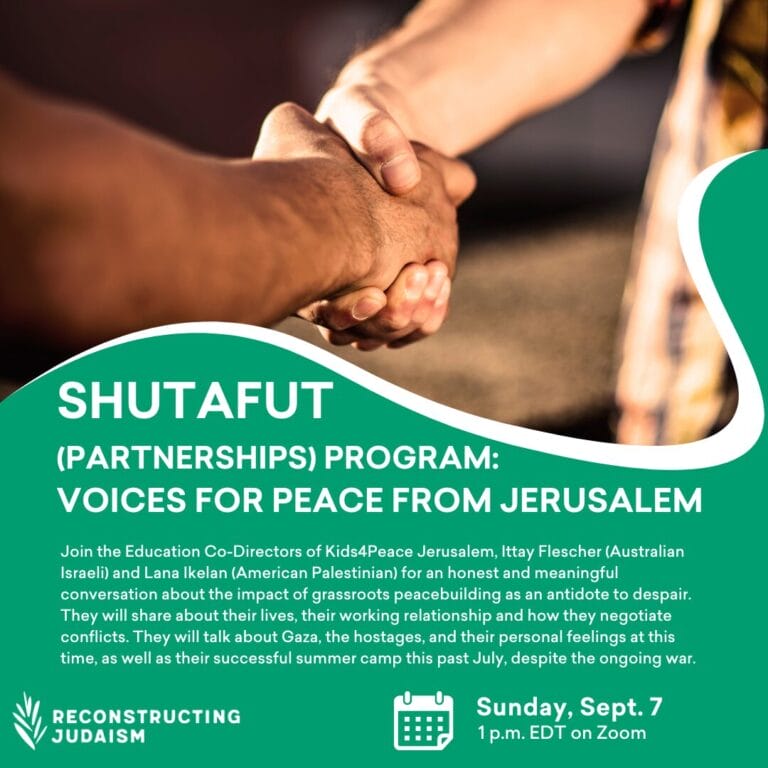 Two people clasp hands in front of a green background with event text about a peace partnership program.