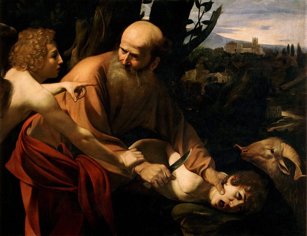 A bearded man holds a knife over a boy as an angel stops him; a ram is nearby in a dark landscape.