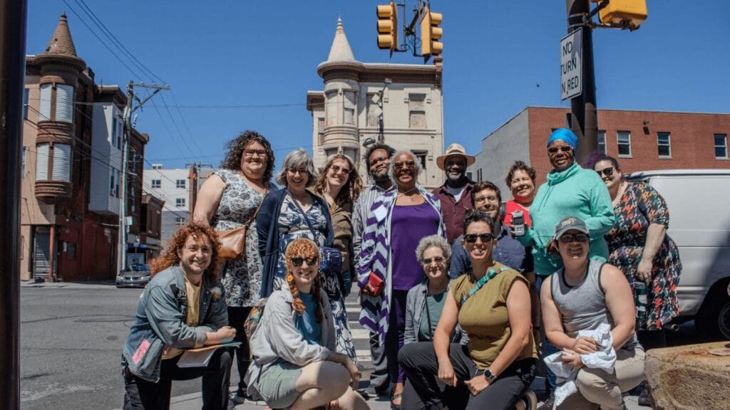 Reconstructionists gather outside the of RRC's original Philadelphia home near Temple University.