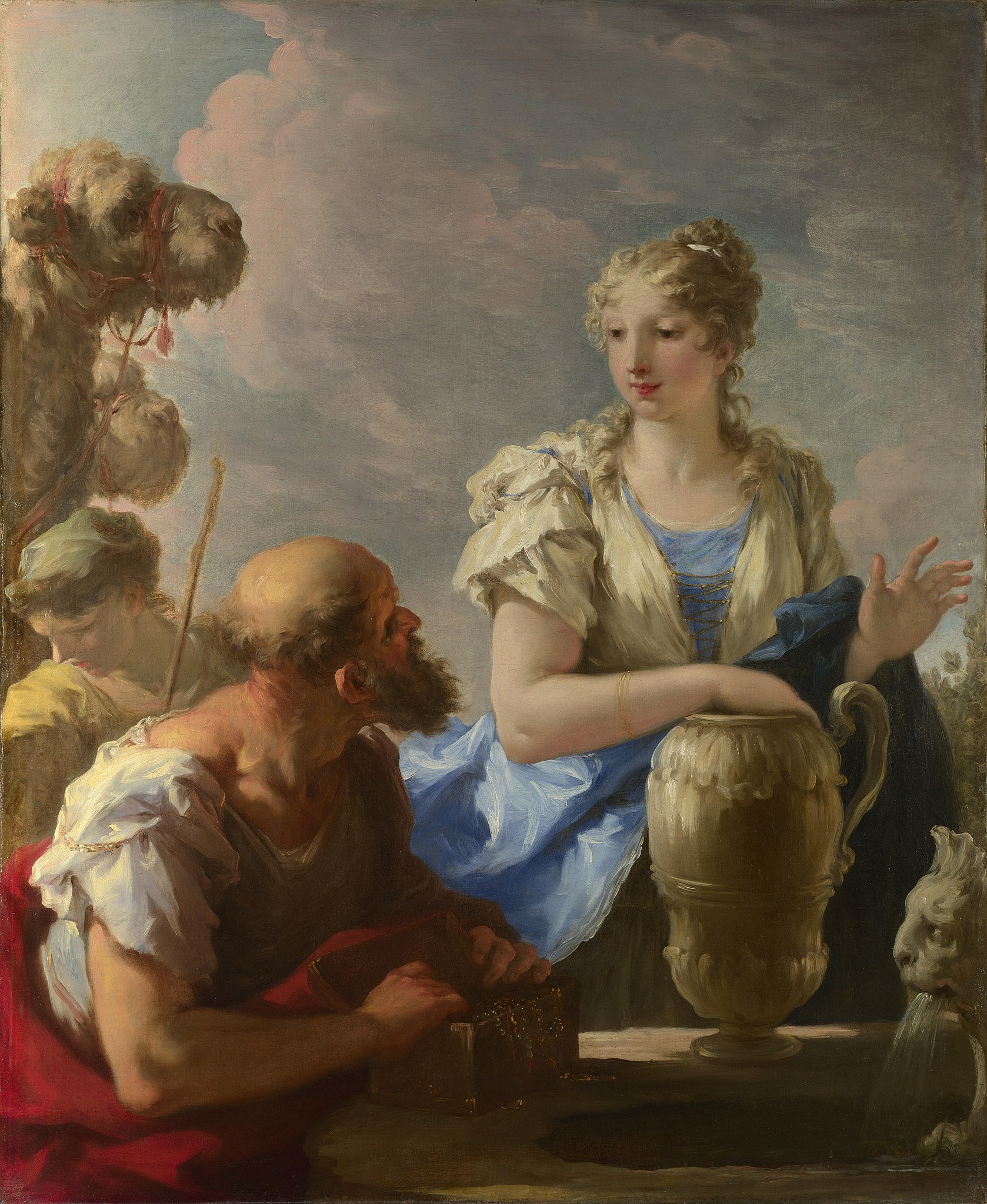 RebeccaAtTheWell_Giovanni A young woman at a well speaks to an older bearded man holding a box; sheep graze in the background.