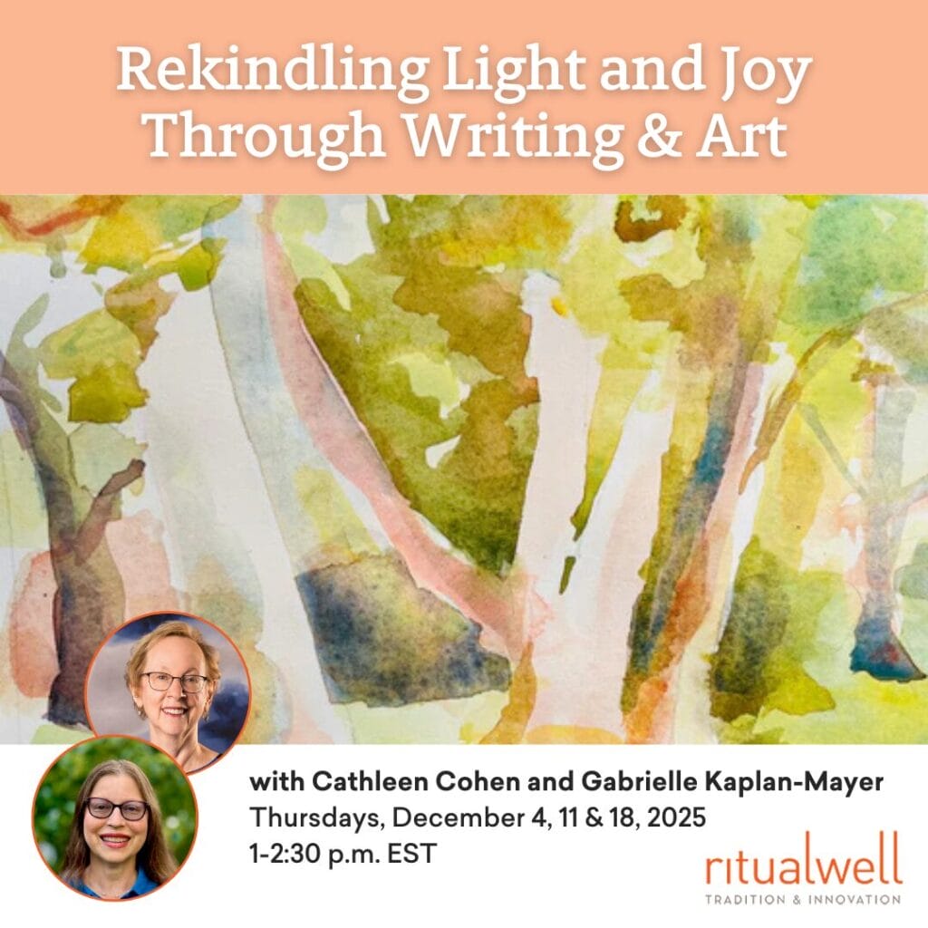 Watercolor painting with event details for Rekindling Light and Joy Through Writing & Art by Ritualwell.