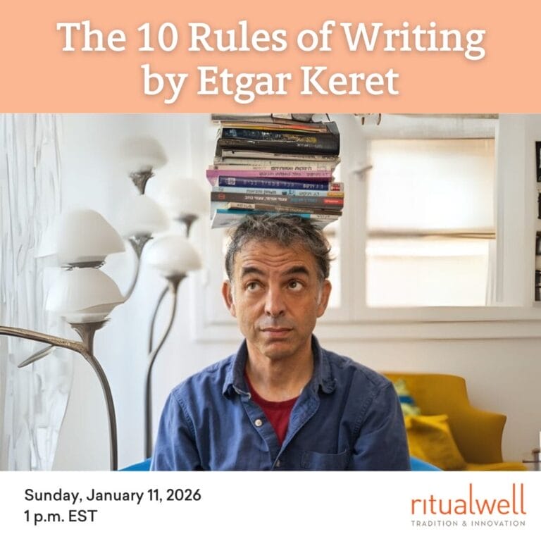 A man balances books on his head, promoting The 10 Rules of Writing by Etgar Keret event.