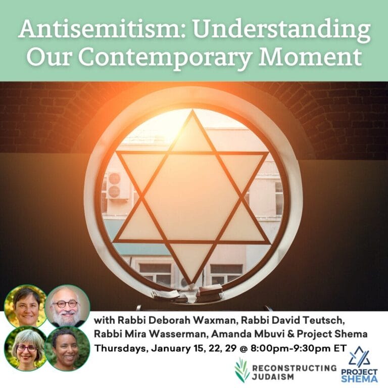 A Star of David on a window with event details and speaker photos below for an antisemitism discussion series.