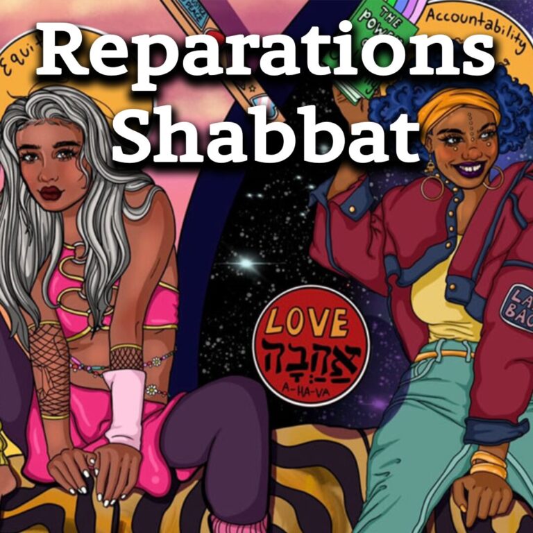 Two women with colorful clothes and hair sit by a sign reading LOVE and Hebrew text; Reparations Shabbat above.