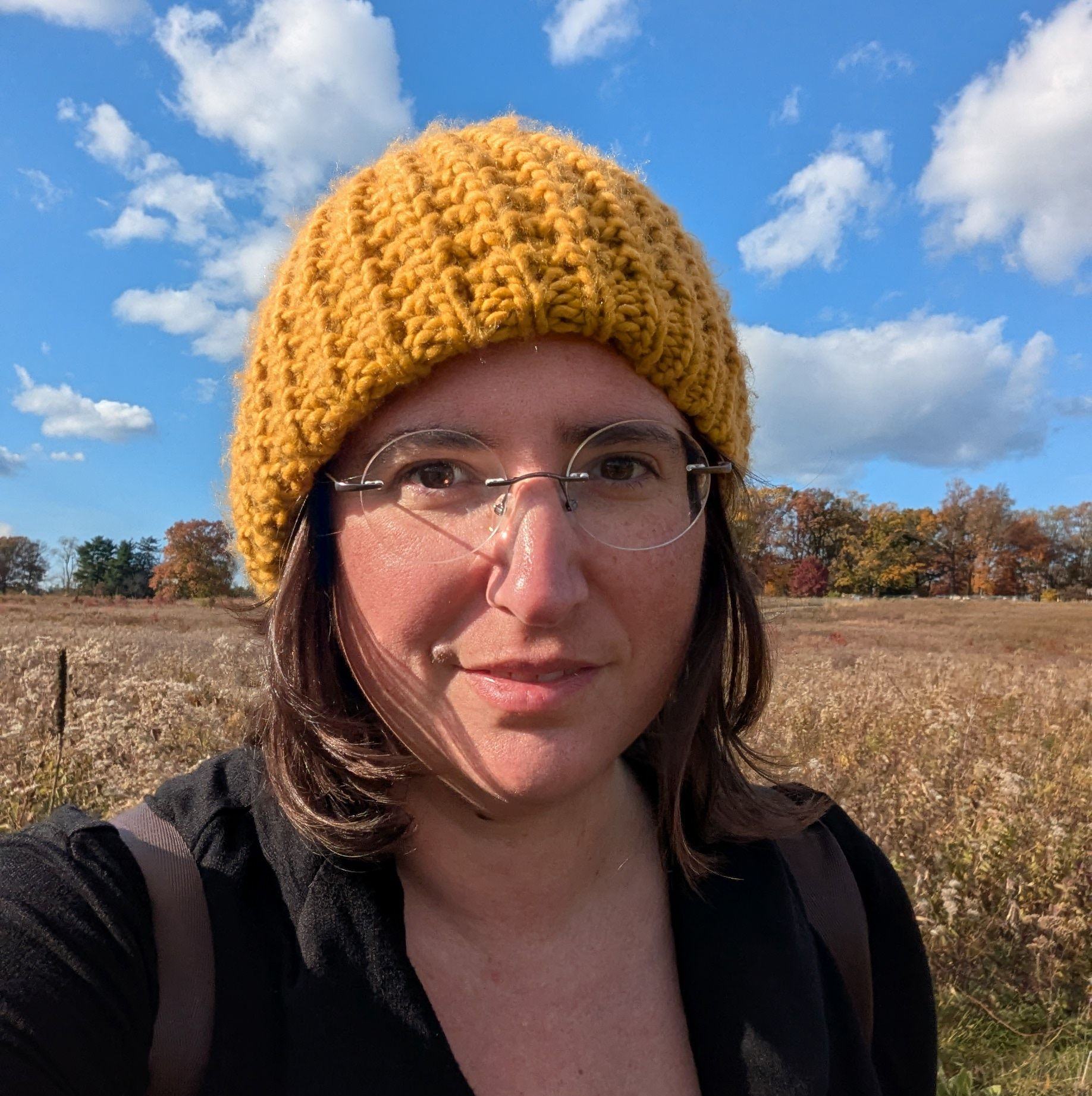 Person in a yellow knit hat standing in a sunny field with blue sky and clouds in the background.