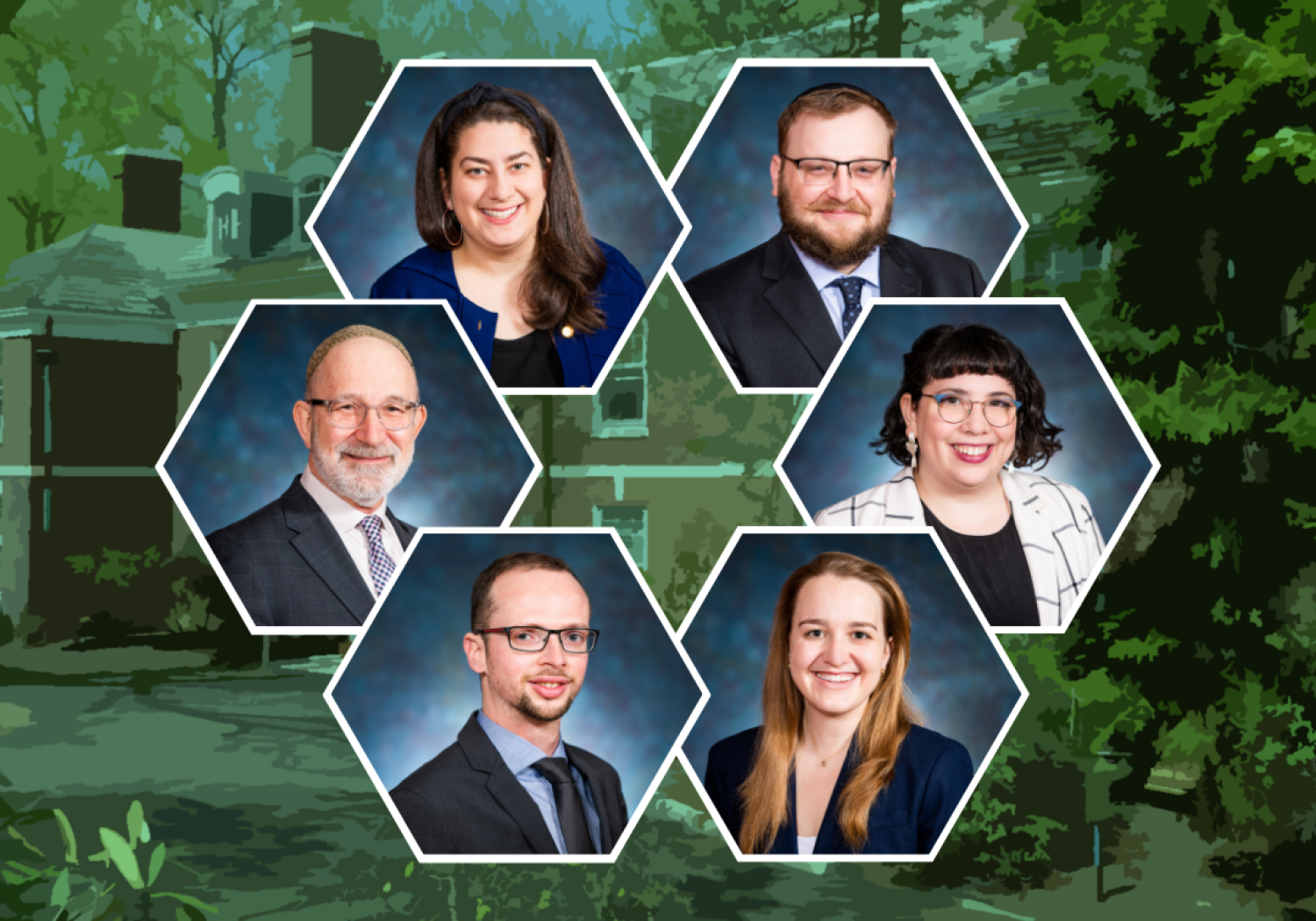 Image has all 6 graduates headshots in front of a green background of the college's building